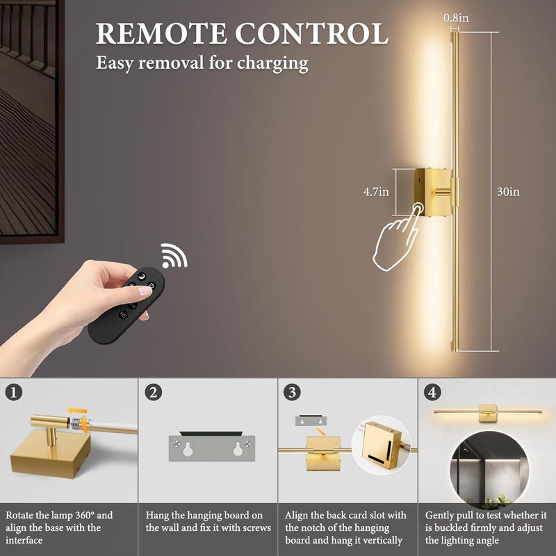 SAIMAND Wall Sconces Set of Two Battery Operated, Wireless USB Rechargeable Wall Lights with Remote, 8000mAh Dimmable LED 3 Color Dimmable Living Room for Bedroom,Hallway,Picture Lamp(30in Gold) - Image 4